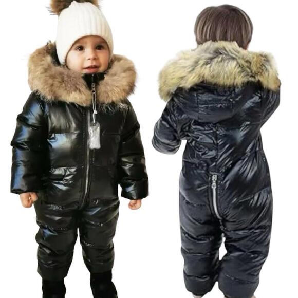 Baby Snowsuit Winter Hooded Romper Down Boys Girls Jumpsuit Warm Black 18-24 M - Picture 1 of 11